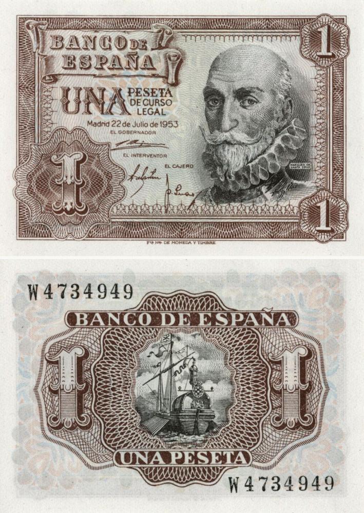Коллекционная банкнота Ирландия Испания 1 песета 1953 AU-UNC P144 (Б10455)
