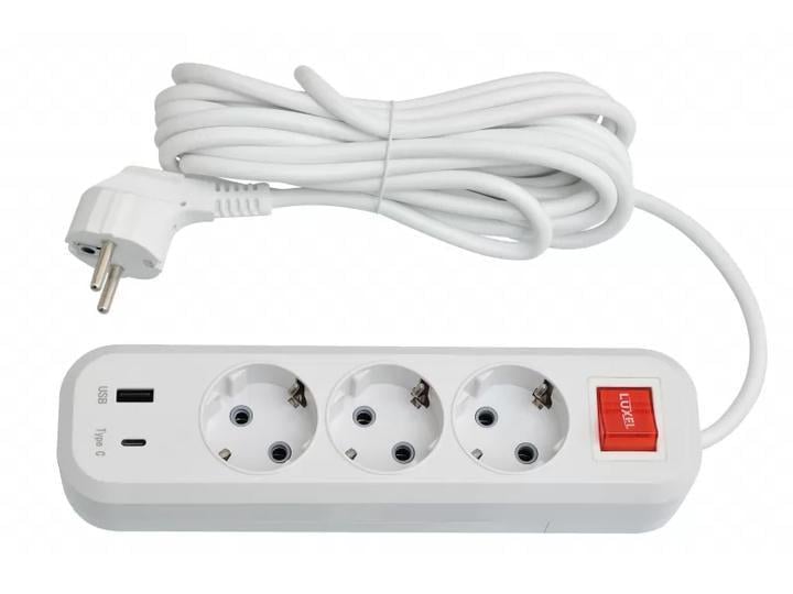 Удлинитель сетевой Luxel USB/Type-C 3 розетки с заземлением и выключателем 5 м (7195)
