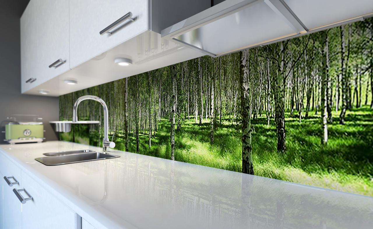 Кухонный фартук Березовая роща деревья из самоклеющейся виниловой пленки 60х250 см Зеленый