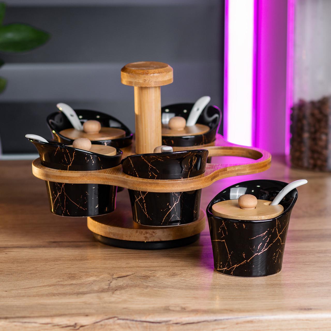 Набор банок для сыпучих продуктов YIWU на поворотной подставке 5 шт. 120 мл Черный мрамор (HP1232)