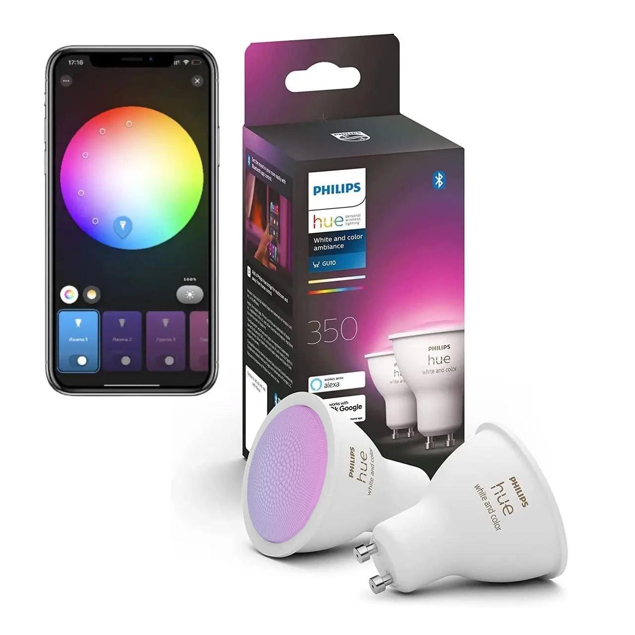 Умные лампочки LED Philips Hue GU10 White and Color 350 лм 50Вт 5,7W ZigBee Bluetooth Apple HomeKit 2 шт. (1368236067) Умные лампочки LED Philips Hue GU10 White and Color 350 лм 50Вт 5,7W ZigBee Bluetooth Apple HomeKit 2 шт. (1368236067)