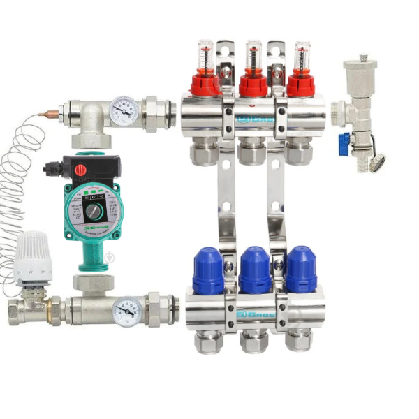 Коллектор Gross 8504 на 3 выхода и прямая смесительная группа с насосом 1"-3/4"
