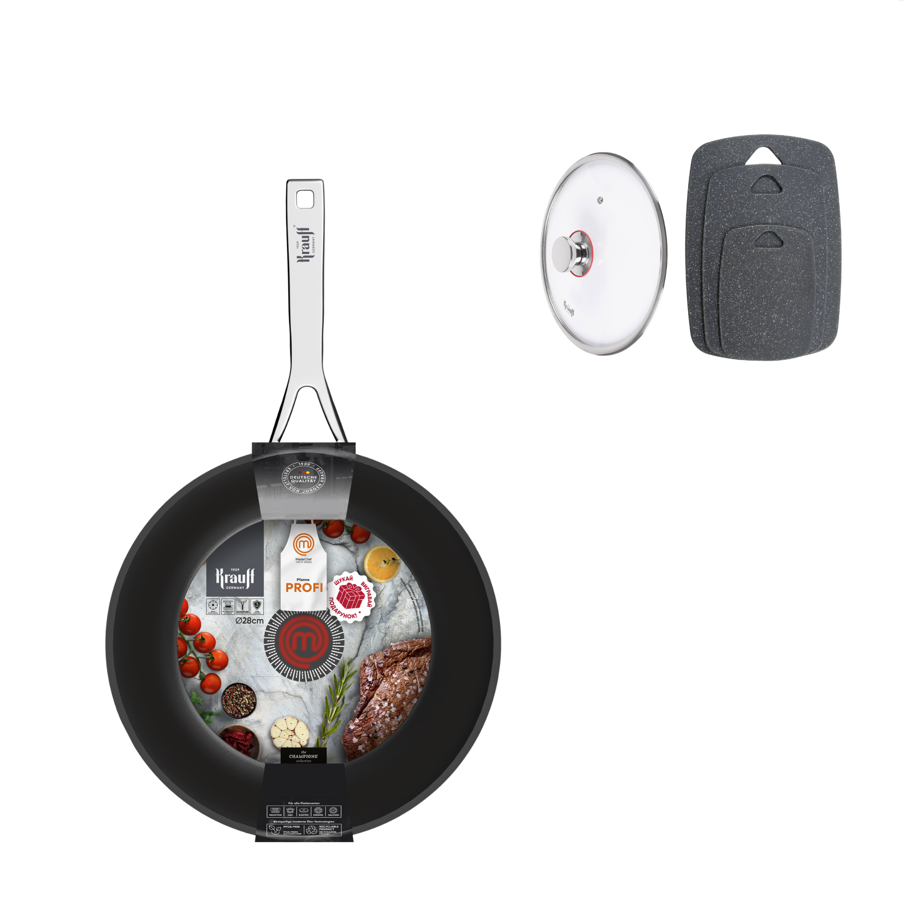 Сковорода WOK Krauff Master Chef 28 см с набором кухонных досок и крышкой (55-333-501)