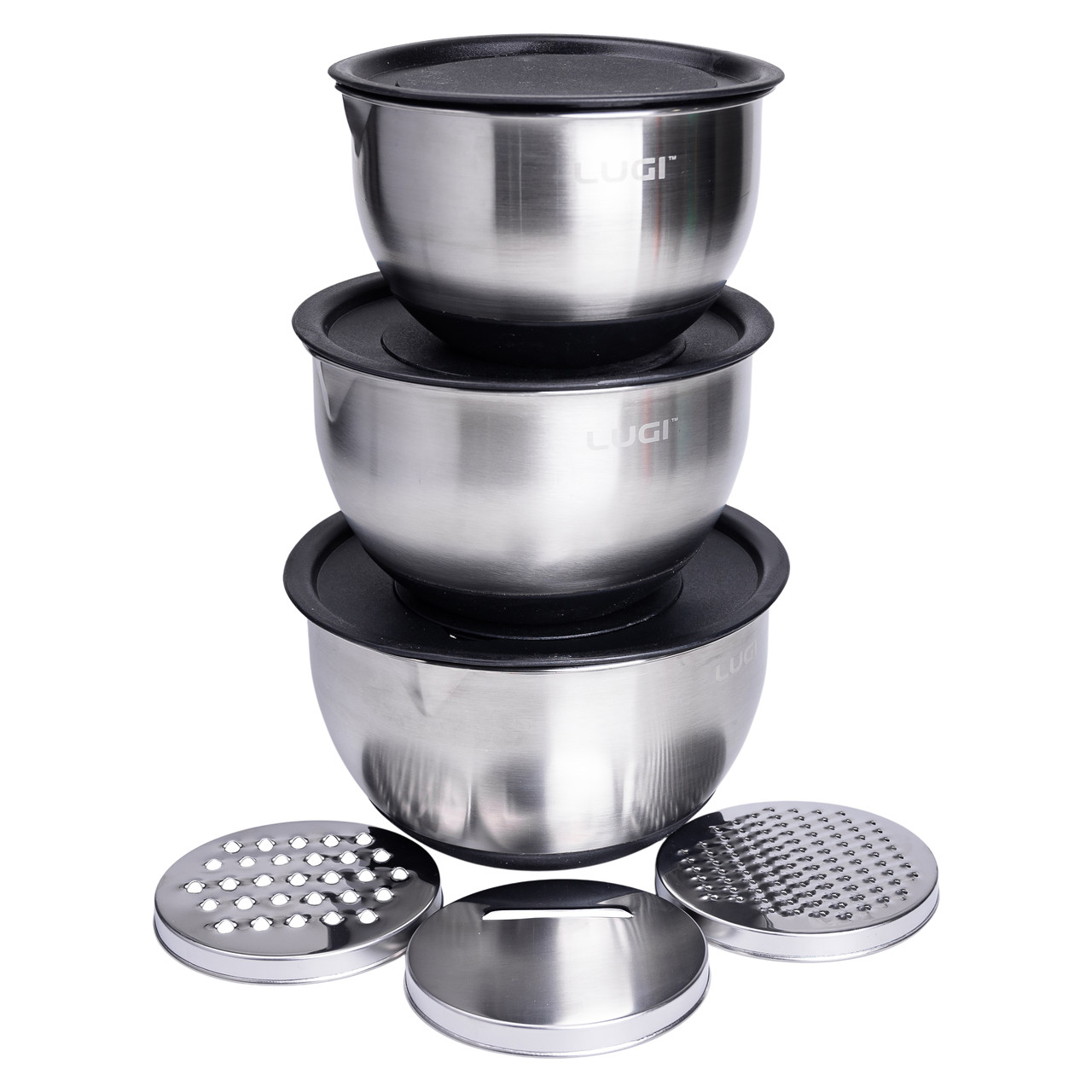 Набор мисок салатниц с крышками из нержавеющей стали с терками Lugi 2,5/2/1,5 л 16/18/20,5 см 9 предметов Хром (LG-02/3PCS)