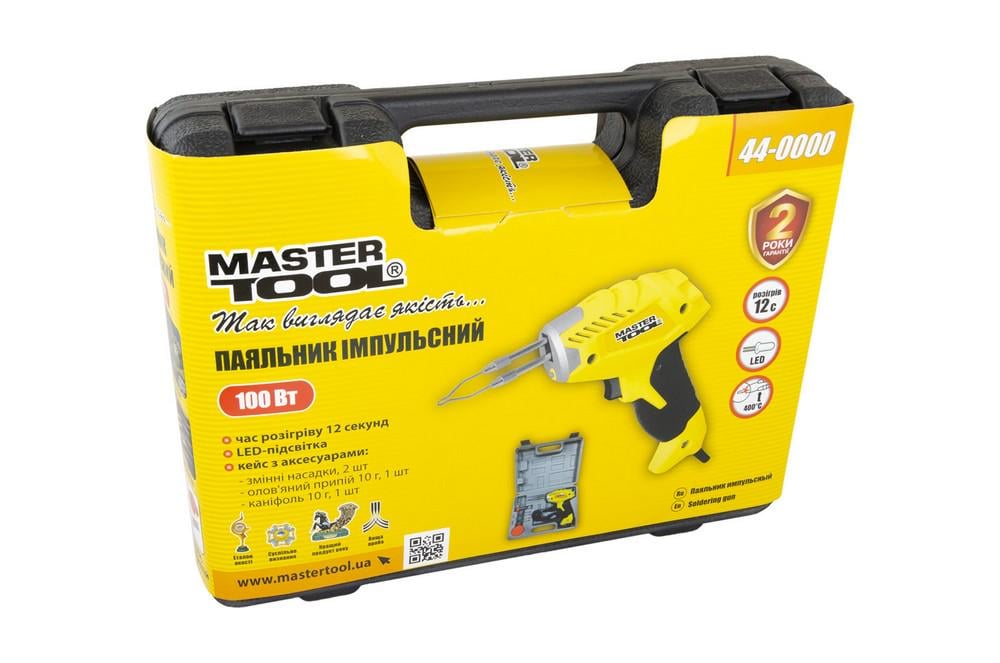 Паяльник імпульсний MasterTool з трансформатором 100 Вт/220-240V/50Hz 0-400°С LED пластиковий кейс/аксесуари (44-0000) - фото 6