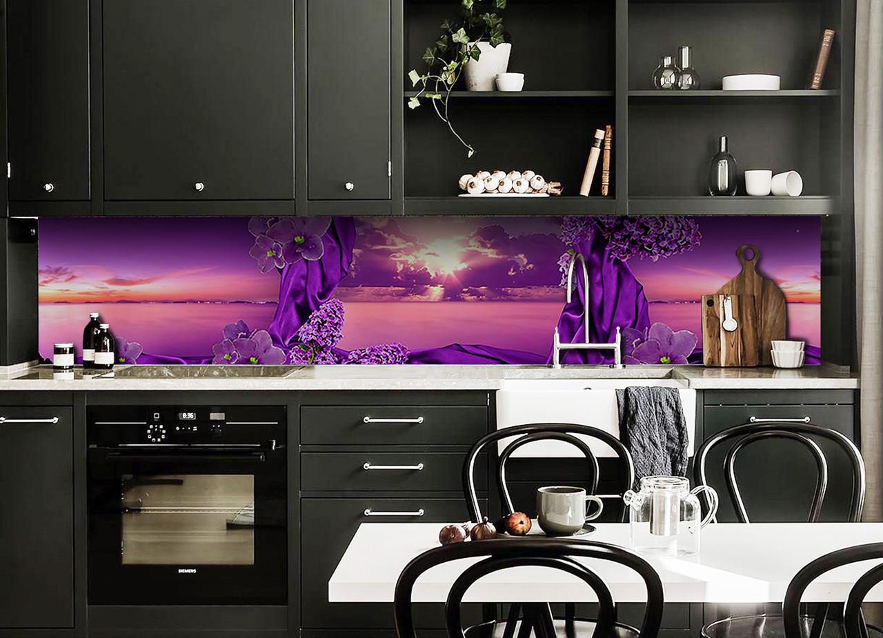 Кухонный фартук Фиолетовый шелк сирень из самоклеющейся виниловой пленки 65х250 см Фиолетовый