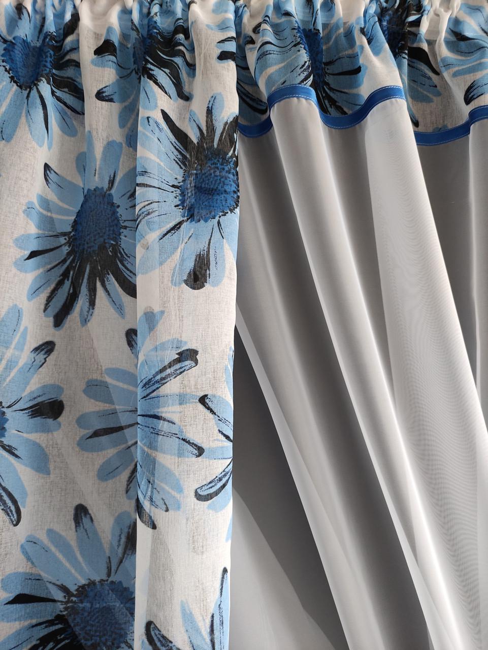 Комплект на кухонне вікно Ромашка шифон і батист з квітами 290х190 см Білий/Блакитний (ромашка-03) - фото 5 Комплект на кухонне вікно Ромашка шифон і батист з квітами 290х190 см Білий/Блакитний (ромашка-03) - фото 5