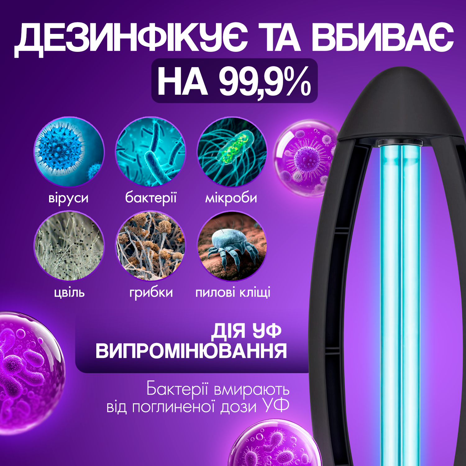 Бактерицидная лампа кварцевая ультрафиолетовая без озона для дезинфекции и кварцевания помещений 38W 360° с дистанционным управлением (UV01W-38W) - фото 3