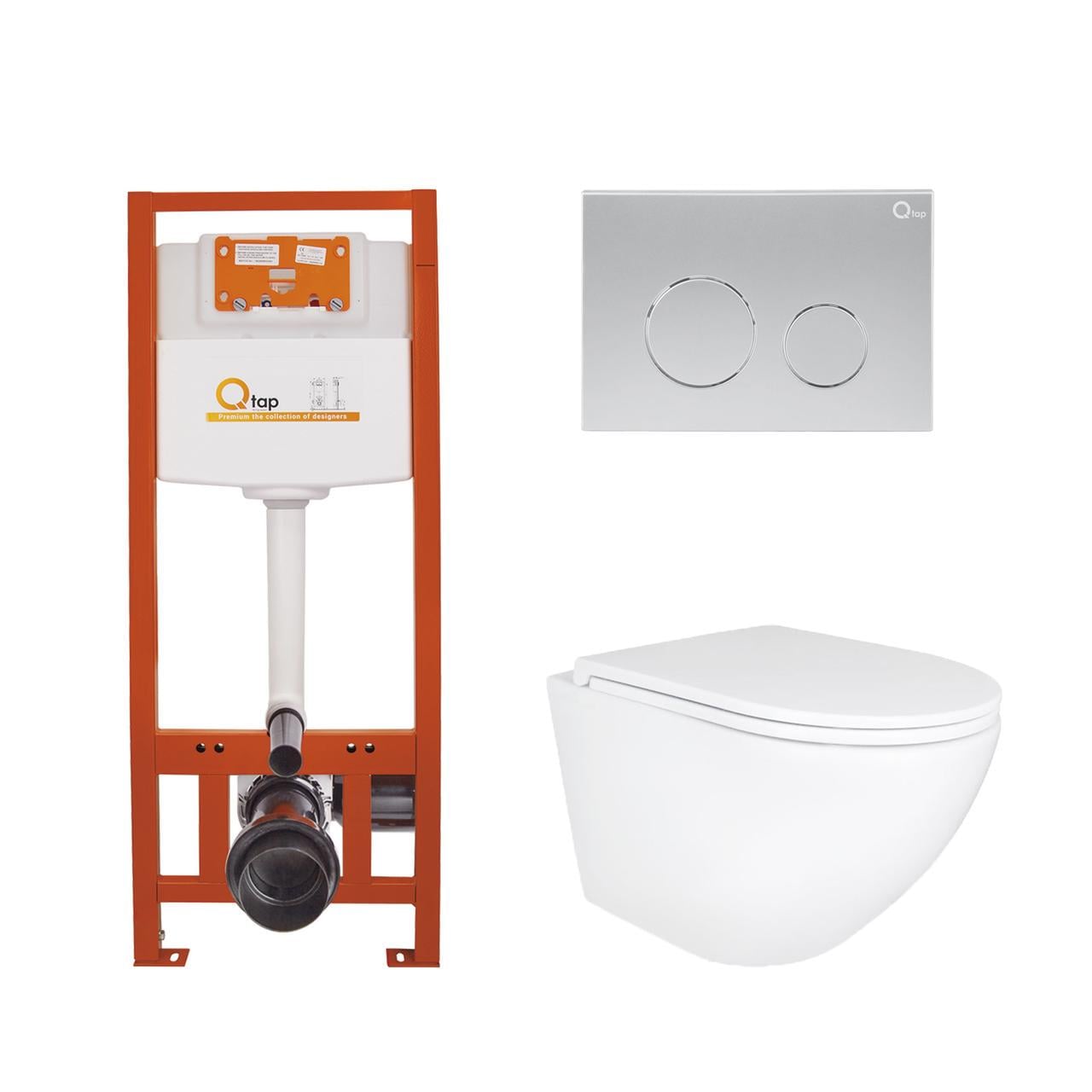 Установка Qtap подвесной унитаз Robin Ultra Quiet/комплект установки Nest 4в1 круглая клавиша Satin (2611546608)