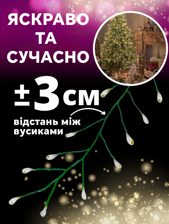Гирлянда-мишура новогодняя Хвойная лапа 20 м 600 led от сети с пультом зеленый провод для елки Золото (Е500308) - фото 8 Гирлянда-мишура новогодняя Хвойная лапа 20 м 600 led от сети с пультом зеленый провод для елки Золото (Е500308) - фото 8
