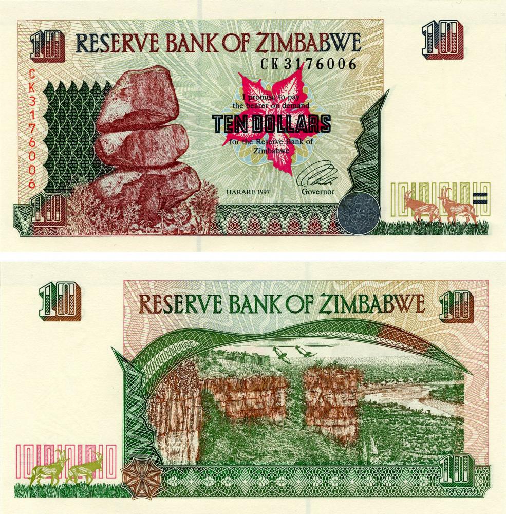 Коллекционная банкнота Зимбабве 10 долларов 1997 UNC P6 (Б13423)