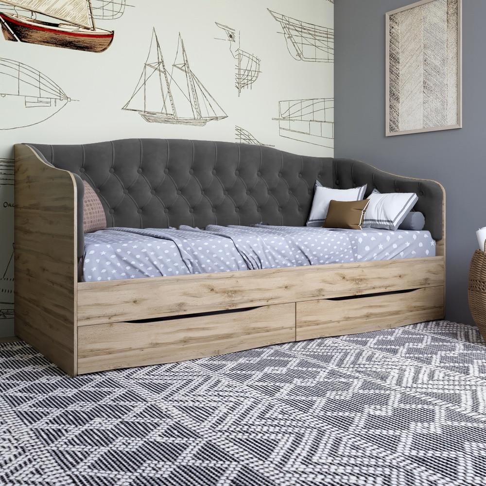 Ліжко дитяче односпальне Lion Л-9 з м'якою спинкою і висувними шухлядами 190x90 см Дуб Аппалачі/Лілі-95 (Lion-041488)