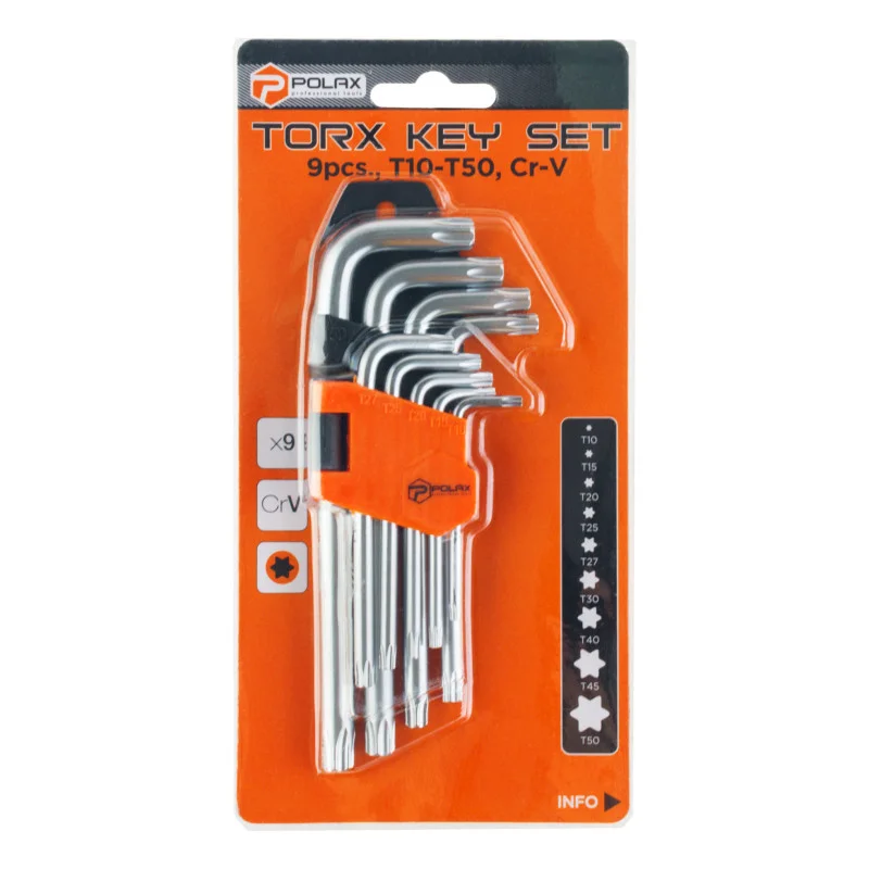 Набір шестигранних TORX ключів Polax Г-подібних 9 предметів Т10-Т50 Cr-V (25-007) - фото 6 Набір шестигранних TORX ключів Polax Г-подібних 9 предметів Т10-Т50 Cr-V (25-007) - фото 6