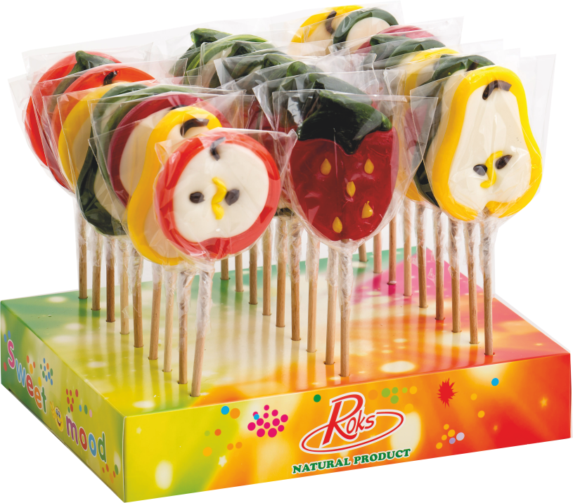 Карамель фігурна ROKS Фрукти на паличці 50 г 27 шт. 1,35 кг (42)