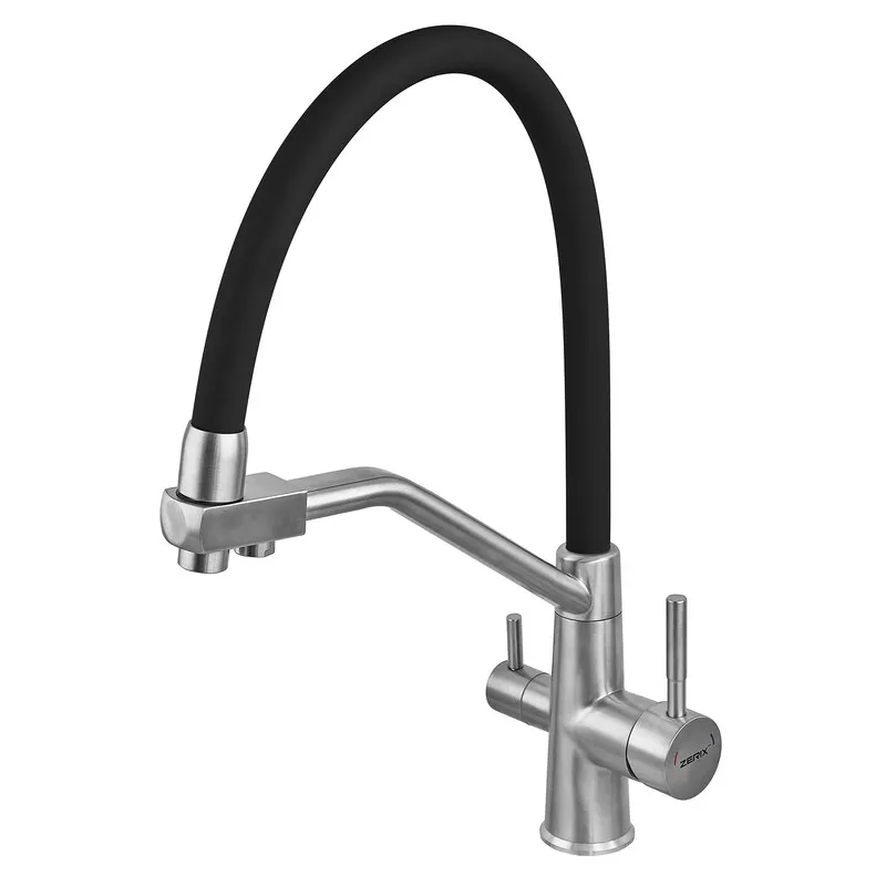 Смеситель для кухни Zerix FUL-021 Refl.Black с силиконовым изливом с выходом для питьевой воды (ZX5997)