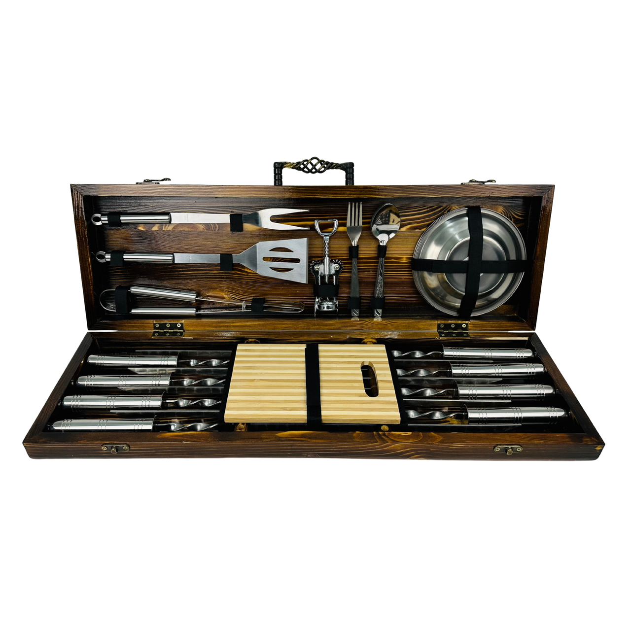 Подарочный набор шампуров BBQ LUX ручной работы в деревянном кейсе с аксессуарами