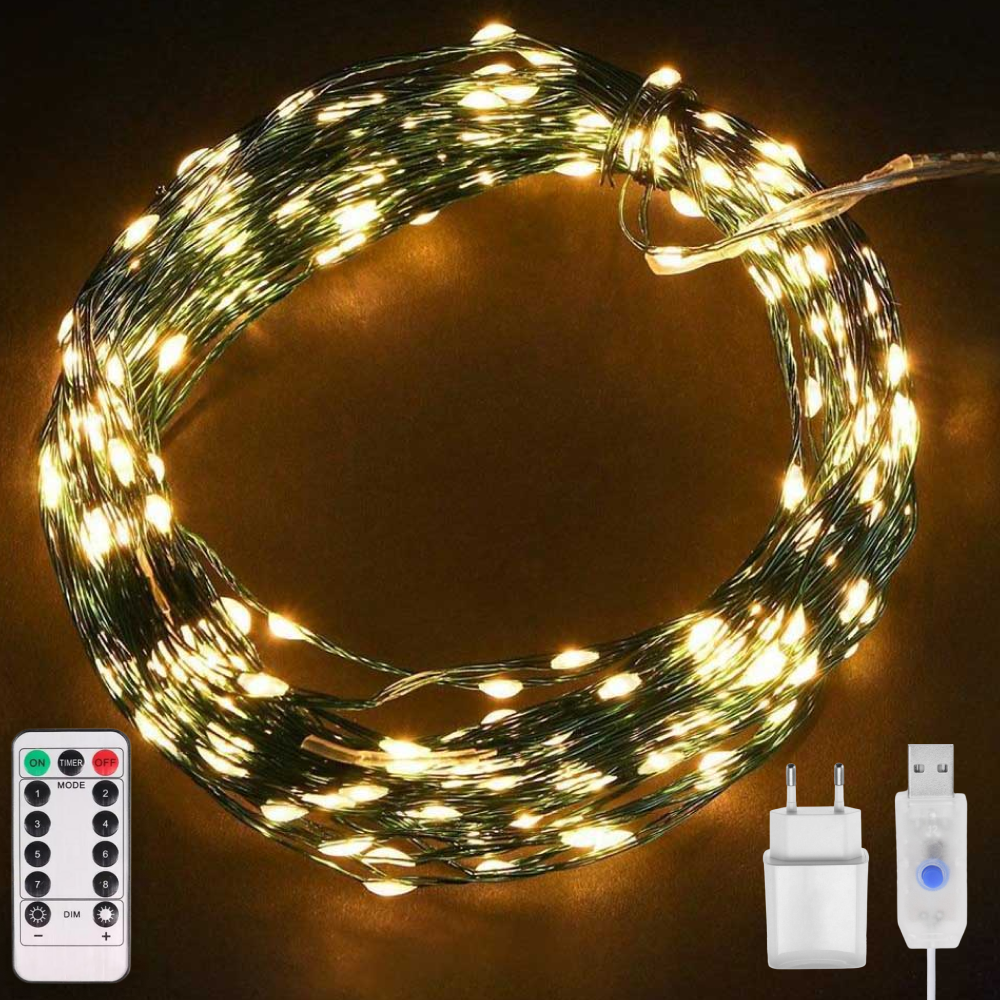 Гирлянда нить Роса 20 м с пультом 200 LED от USB и сети 220 В зеленый провод 8 режимов Теплый белый