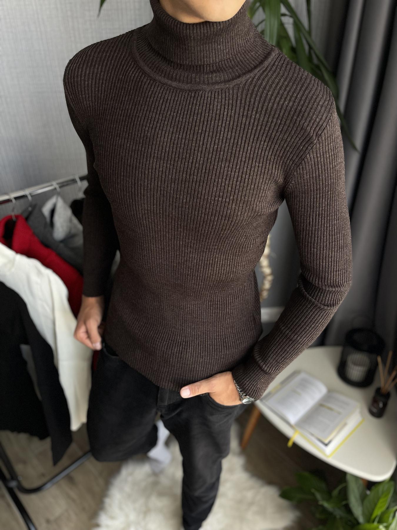 Гольф мужской с высокой горловиной в рубчик L Шоколадный (26535/3/2)