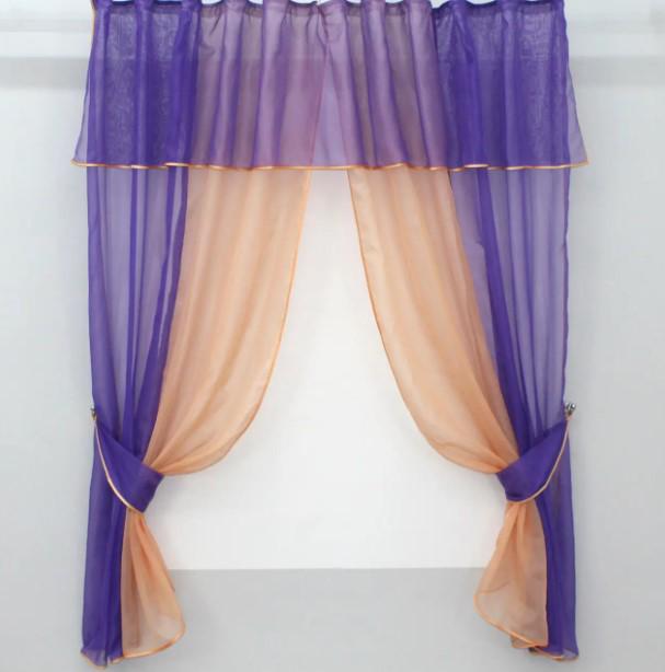 Шторки кухонные с ламбрекеном/подвязками шифон 270х170 см Персковый/Фиолетовый (090к)