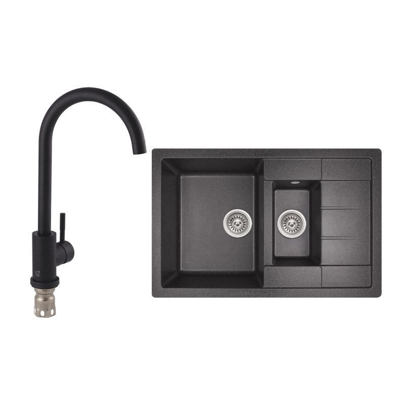 Мойка для кухни двойная Lidz BLA-03 с дополнительной чашей со смесителем для кухни Aria 015F 780x495/200 мм Black (24501576)