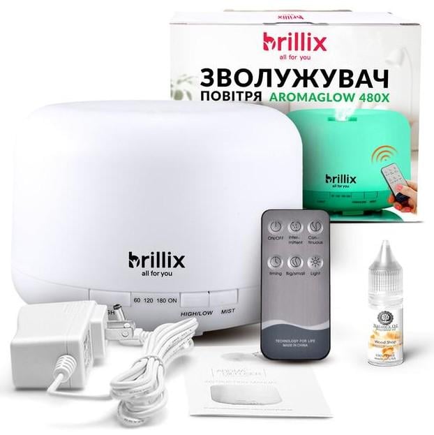 Увлажнитель воздуха ультразвуковой и аромадифузор Brillix с LED-подсветкой на 7 цветов и пультом 480 мл