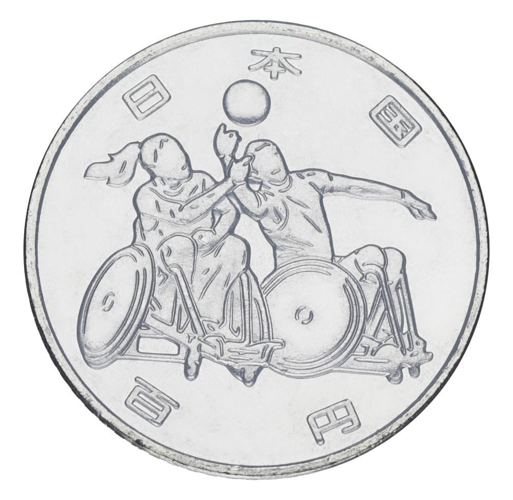 Коллекционная монета Япония 100 иен 2020 UNC XVI Летние Паралимпийские игры в Токио Регби на колясках (М24681)