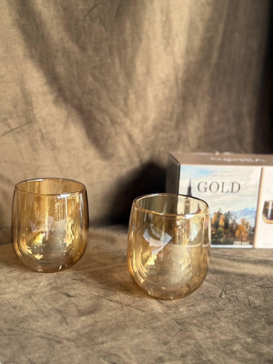 Набір низьких склянок з подвійним дном Vittora Gold боросилікатне скло 250 мл 2 шт. Золотистий (VT-5407-250)