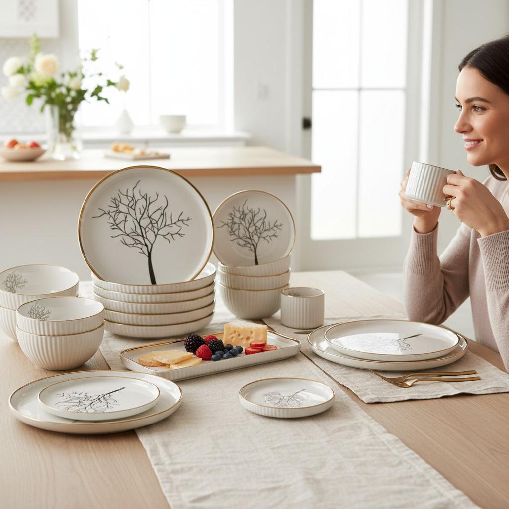 Столовий сервіз порцеляновий на 6 персон Valentina тарілки та чашки 32 предмети Білий (DS-32-O) - фото 3