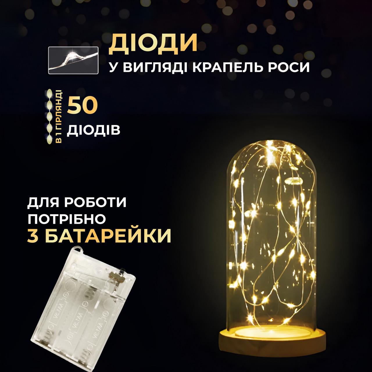 Гирлянда светодиодная Роса 5 м на батарейках 50 led нить на белом проводе Желтый (50L5MWY) - фото 5