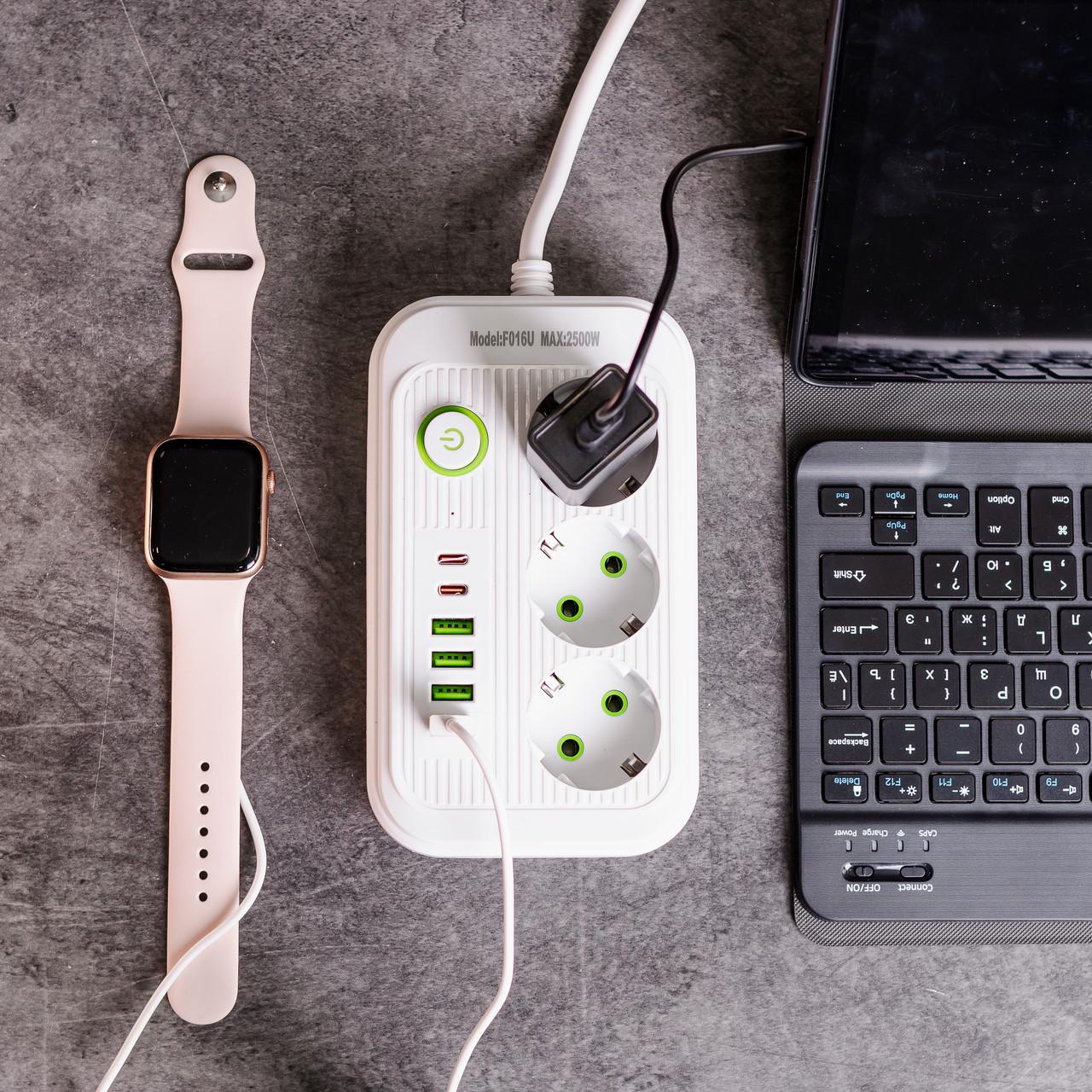 Подовжувач F16 на 3 розетки 4 usb 2 type-c та кнопкою відключення 4,75 м Білий (HP-5-21) - фото 2