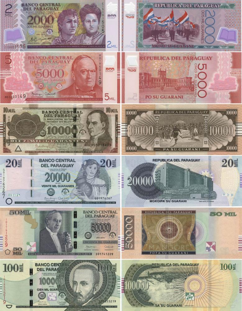 Коллекционный набор из 6 банкнот Парагвай 2015-2016 UNC 2000/5000/10000/20000/50000/100000 гуарани
