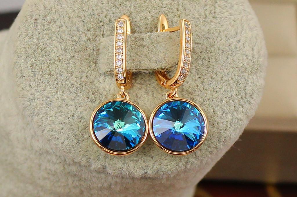 Серьги подвески Xuping Jewelry Сваровски в ободке голубые хамелеоны 3 см Золотистый