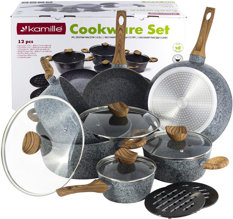 Набір кухонного посуду Kamille Grey Marble 12 пр. литий алюміній (KM-4440) - фото 7 Набір кухонного посуду Kamille Grey Marble 12 пр. литий алюміній (KM-4440) - фото 7