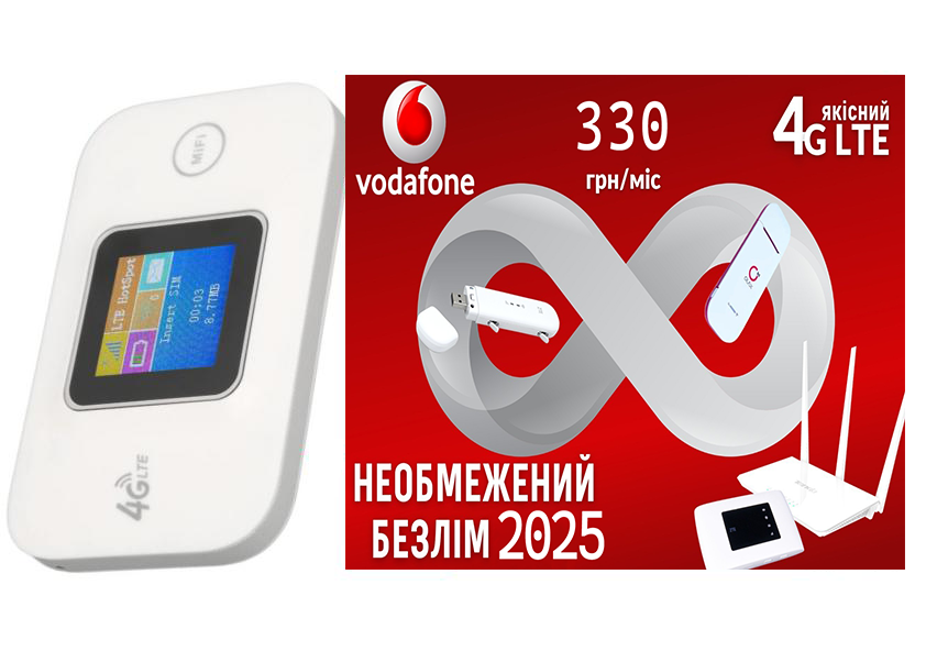 Модем високошвидкісний WI-FI 3G/4G LTE MF688 з дисплеєм та 1 місяць безлімітного інтернету Vodafone