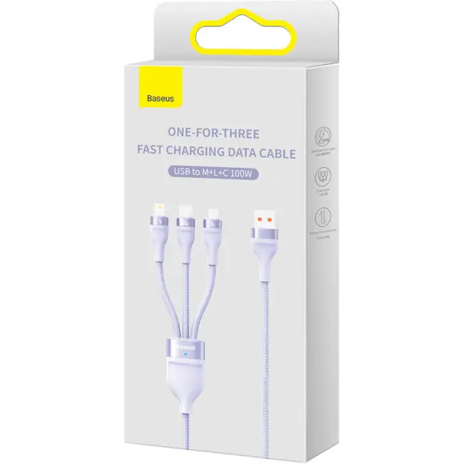 Кабель BASEUS Flash Series II 3в1 Cable USB to MicroUSB/Lightning/Type-C CASS030005 100W 1,2 м Purple - фото 5