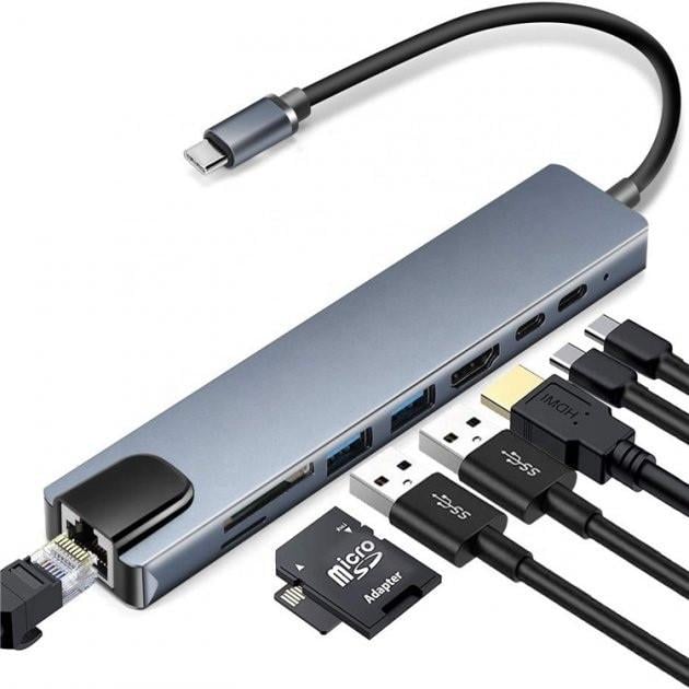 Хаб концентратор 8 до 1 USB Type-C перехідник HDMI SD (TF RJ45) - фото 4 Хаб концентратор 8 до 1 USB Type-C перехідник HDMI SD (TF RJ45) - фото 4