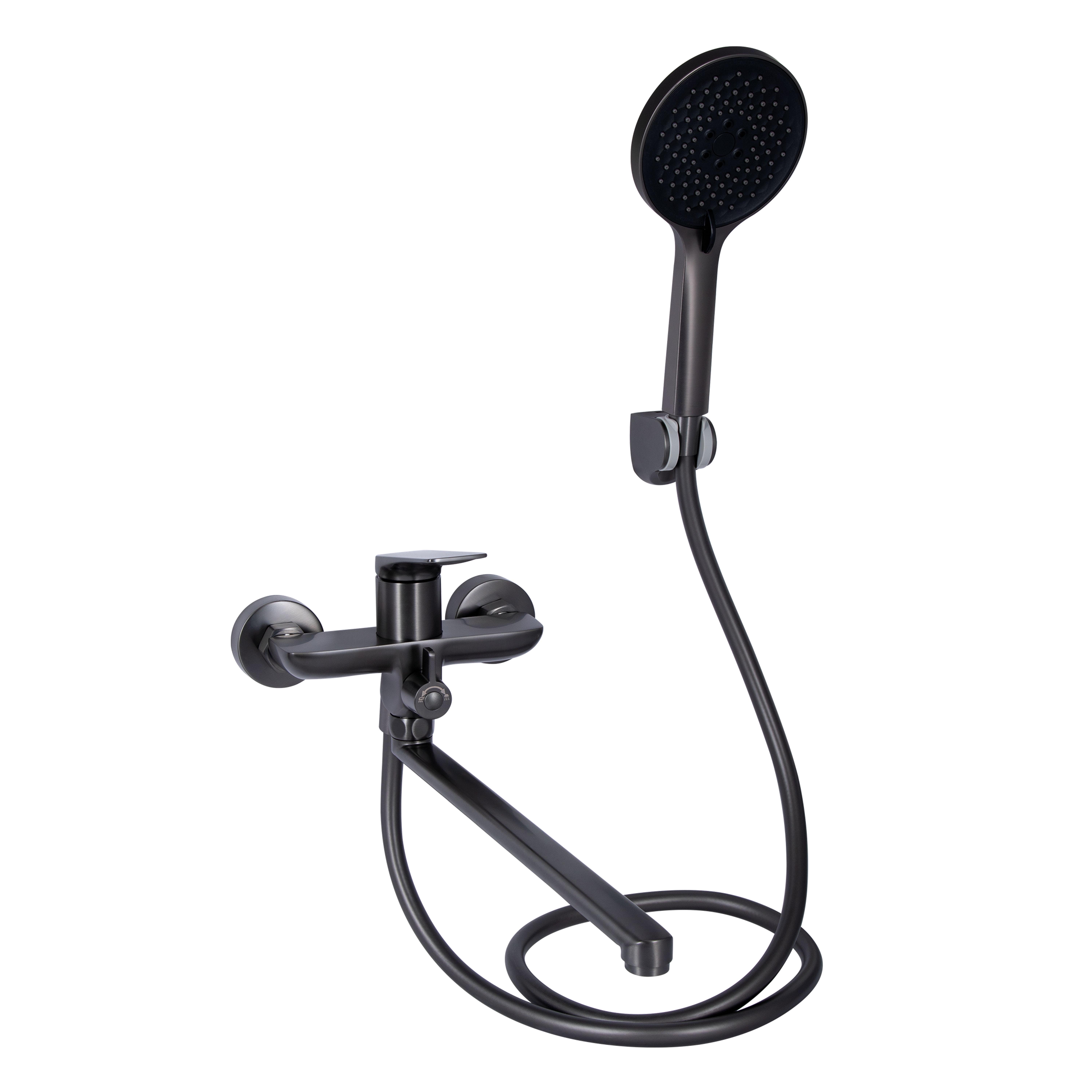 Смеситель для ванны Qtap Vlasta New с длинным поворотным изливом/душевым гарнитуром QTVLA260GMB45645 Gunmetal Black PVD (SD00051769)