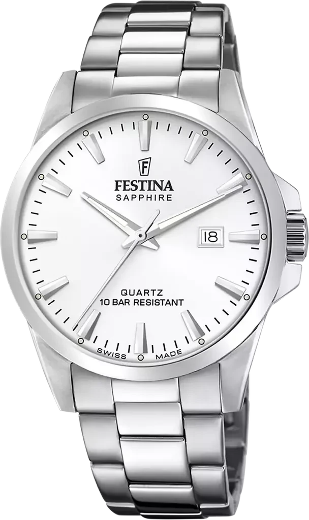 Наручные часы мужские Festina F20024/2 Classics Swiss Made со стальным корпусом/сапфировым стеклом WR 100 м и белым циферблатом