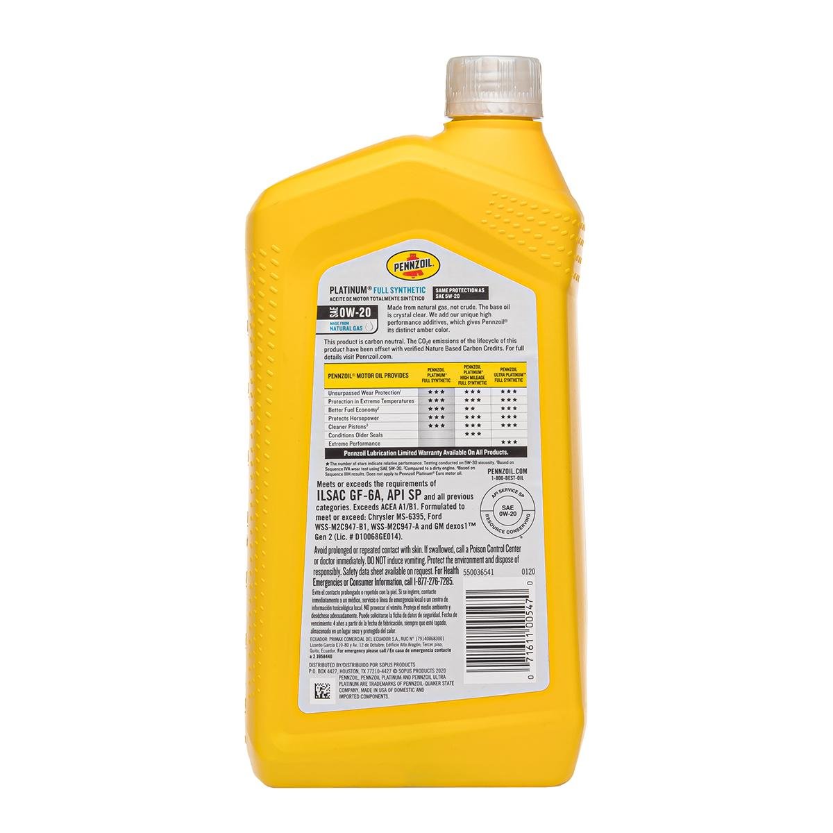 Мастило моторне Pennzoil Platinum Advanced Full Synthetic Motor Oil 0W-20 0,946 мл (550036541) - фото 2