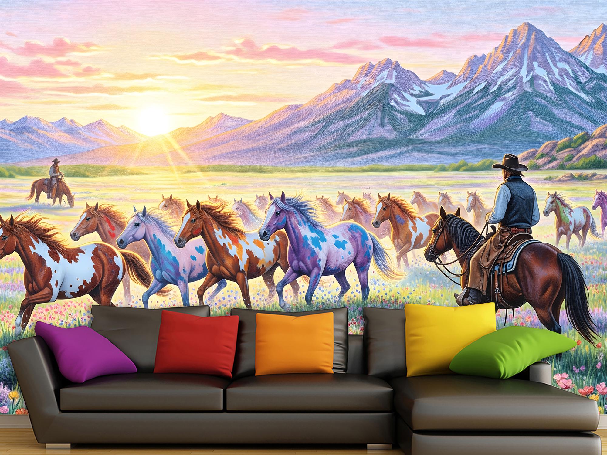 Фотообои флизелиновые Upstream Дикая мера: ковбои наблюдают за табуном лошадей 180х120 см (S5NTR-107/2) - фото 2