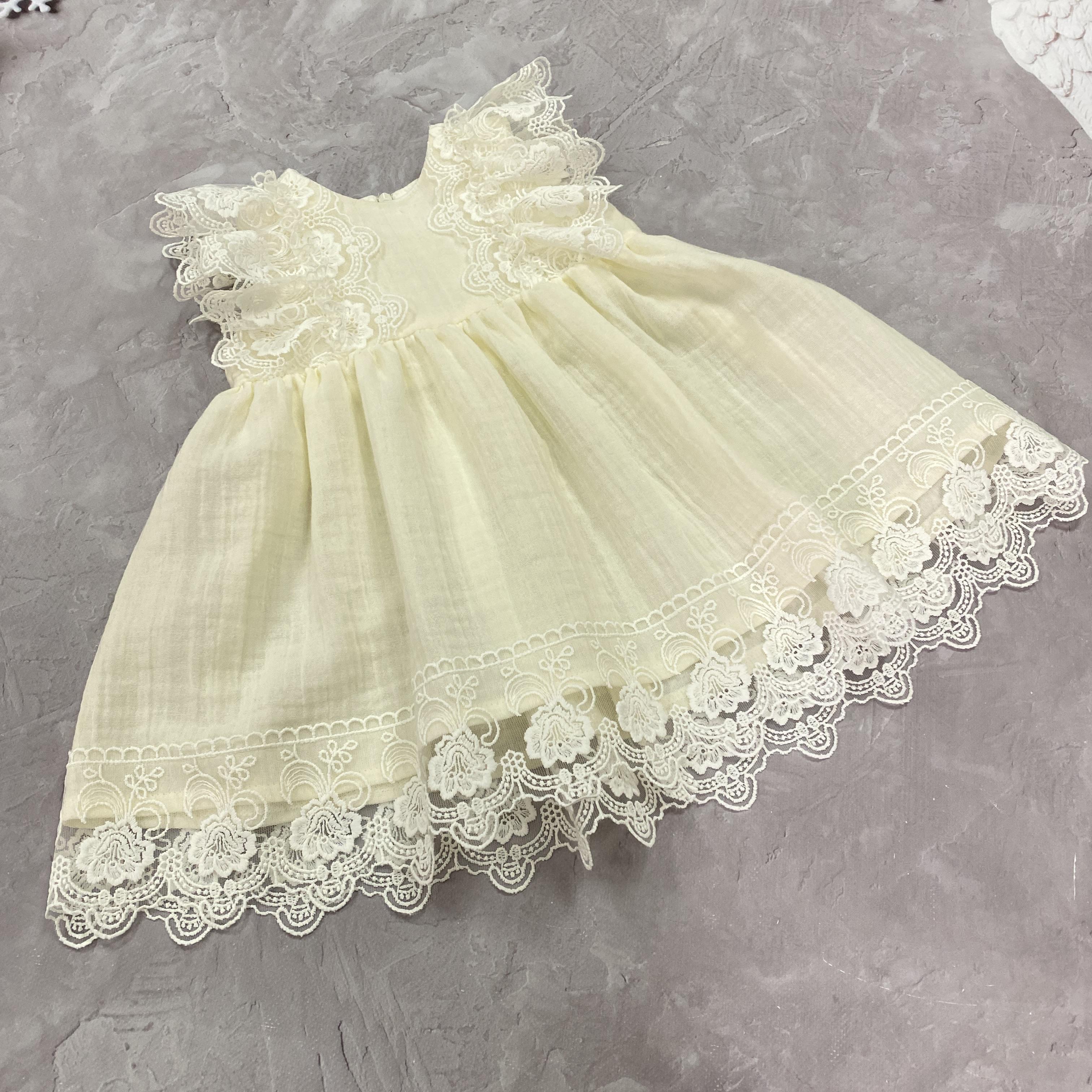 Платье детское праздничное для девочки Ксения на крещение с кружевом/муслин/ручной работы 86 см Молочный (29677177)