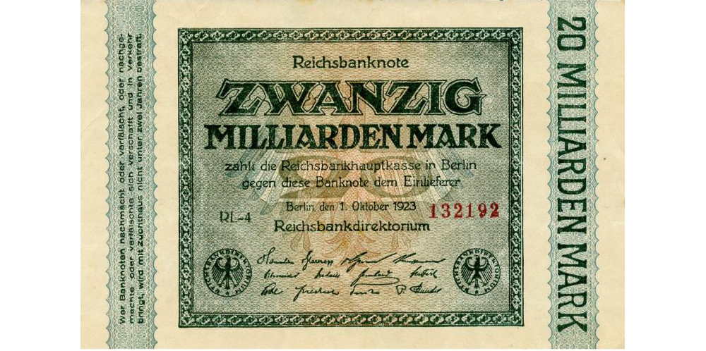 Коллекционная банкнота Германия 20000000000 марок 1923 VF-AU 20 миллиардов (P118a)