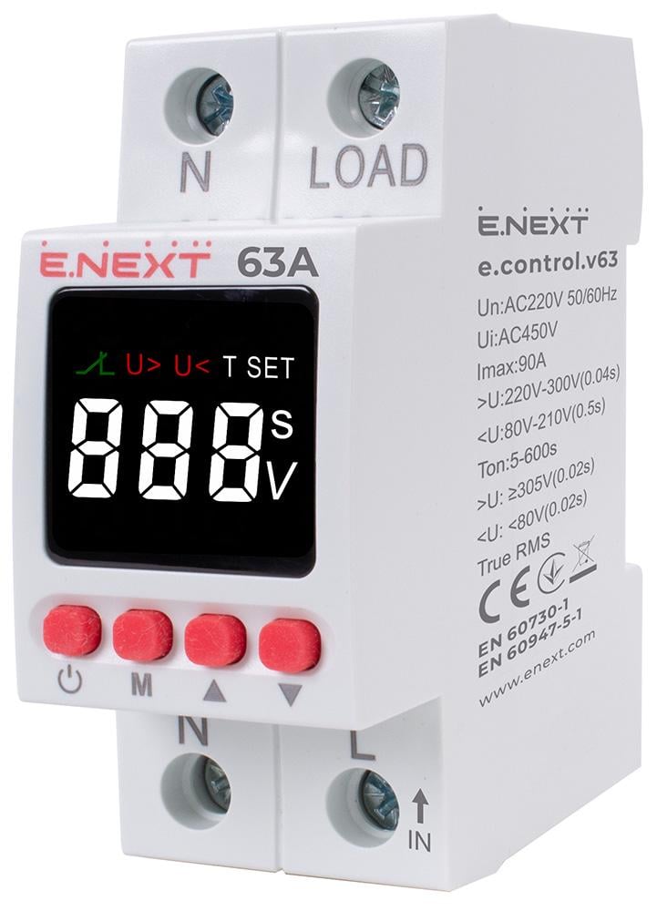Реле контроля напряжения однофазное E.NEXT e.control.v63 63А с индикацией (p0690033) Реле контроля напряжения однофазное E.NEXT e.control.v63 63А с индикацией (p0690033)