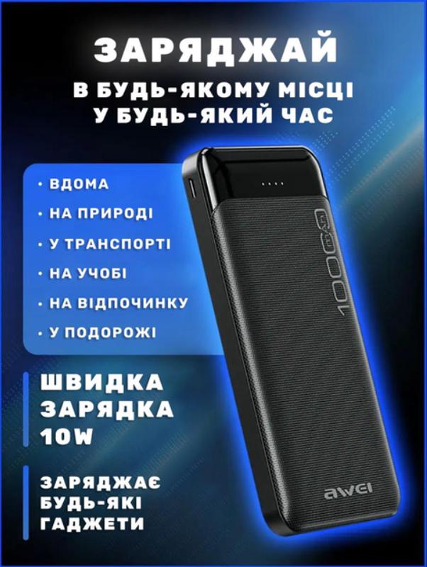 Зовнішній акумулятор AWEI P37K 10000 Mah 2 USB зі швидкою зарядкою Micro-USB/Type-C - фото 7