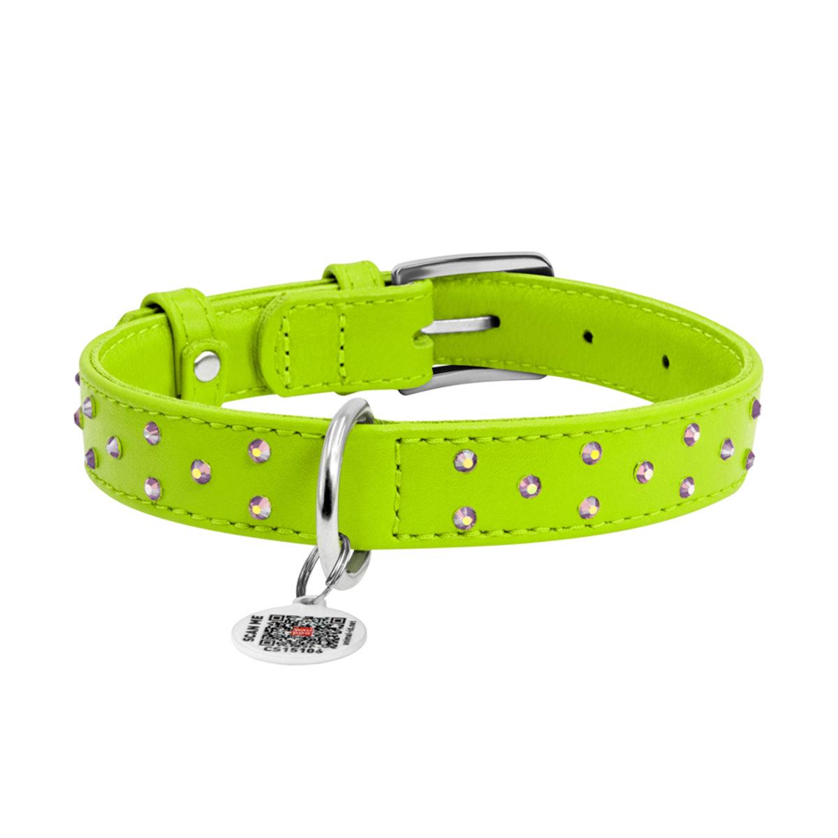 Ошейник для собак Waudog Glamour с клеевыми стразами кожа 25 мм x 38-49 см Салатовый