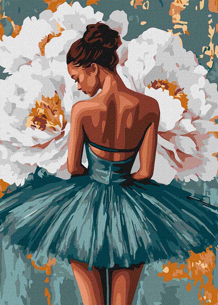 Картина по номерах Ideyka Балерина з білими півоніями з фарбами металік 40х50 см (KHO8663)