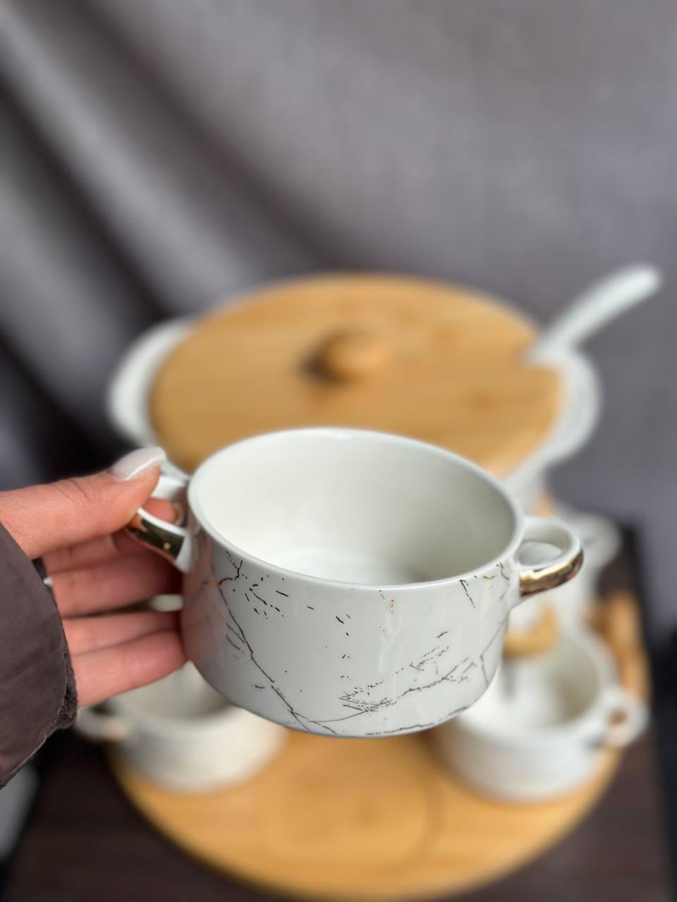 Сервіз суповий YiWu HP1218 кераміка на бамбуковій підставці 6 персон Білий - фото 3 Сервіз суповий YiWu HP1218 кераміка на бамбуковій підставці 6 персон Білий - фото 3