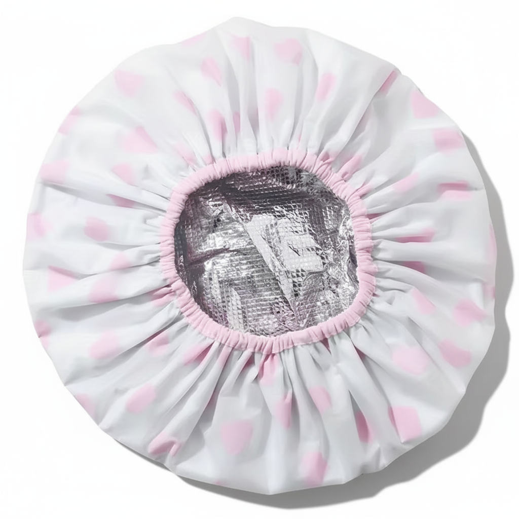 Термо-шапочка для догляду за волоссям Сердечки Білий з рожевим (2812877990)