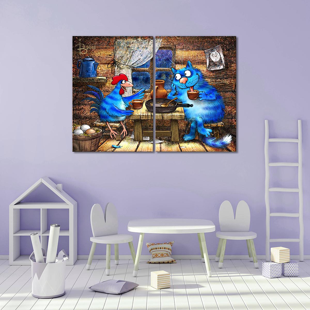 Модульная картина Кот и петух беседуют о любви (Сиквел -Кот и Петух) 2 модуля 70x105 см