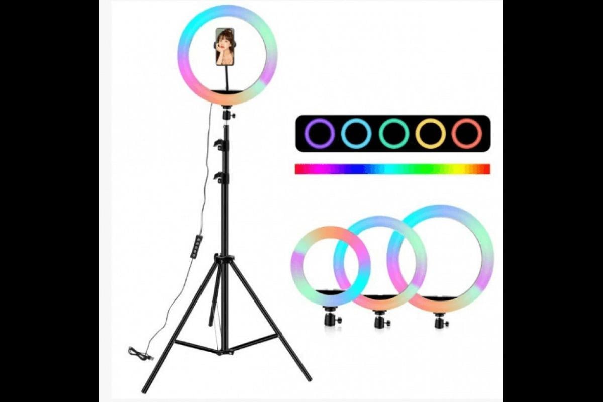 Кольцевая светодиодная LED лампа Mirror RGB MJ26 26 см со штативом 2 м Черный (7306/L) - фото 3